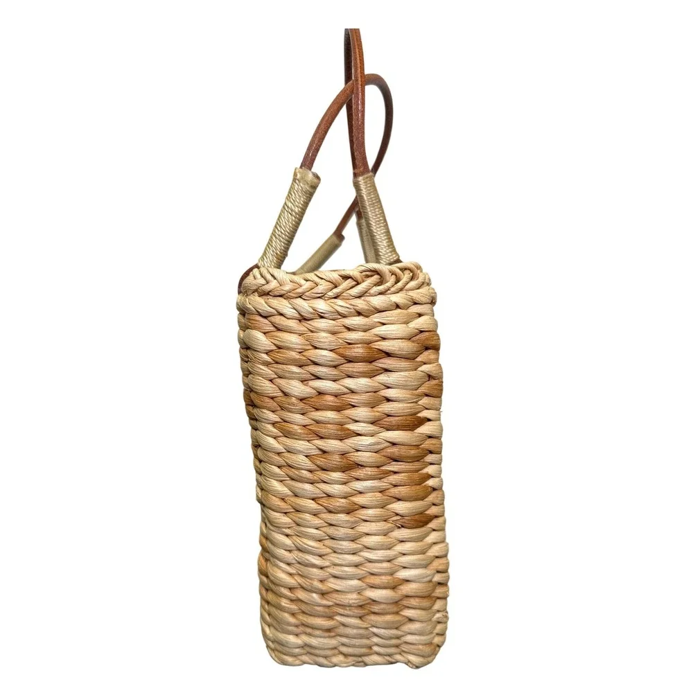 Tropical Palm Tree Embroidered Woven Straw Tote Bag Blue Lining Small Basket